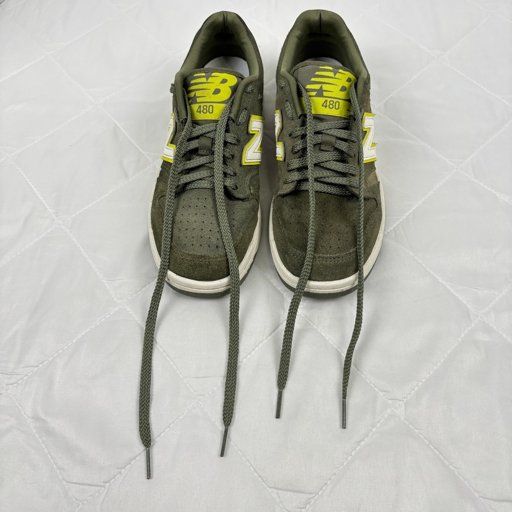 New Balance 480 Suede Sneakers Olive Green Neon Yellow Mens 7 Womens 8.5 - Picture 10 of 10